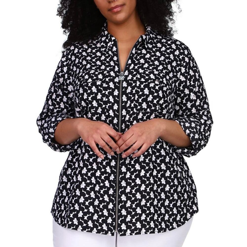 Michael Kors Top Floral Print Zip Front Shirt Collared Blouse Black White M